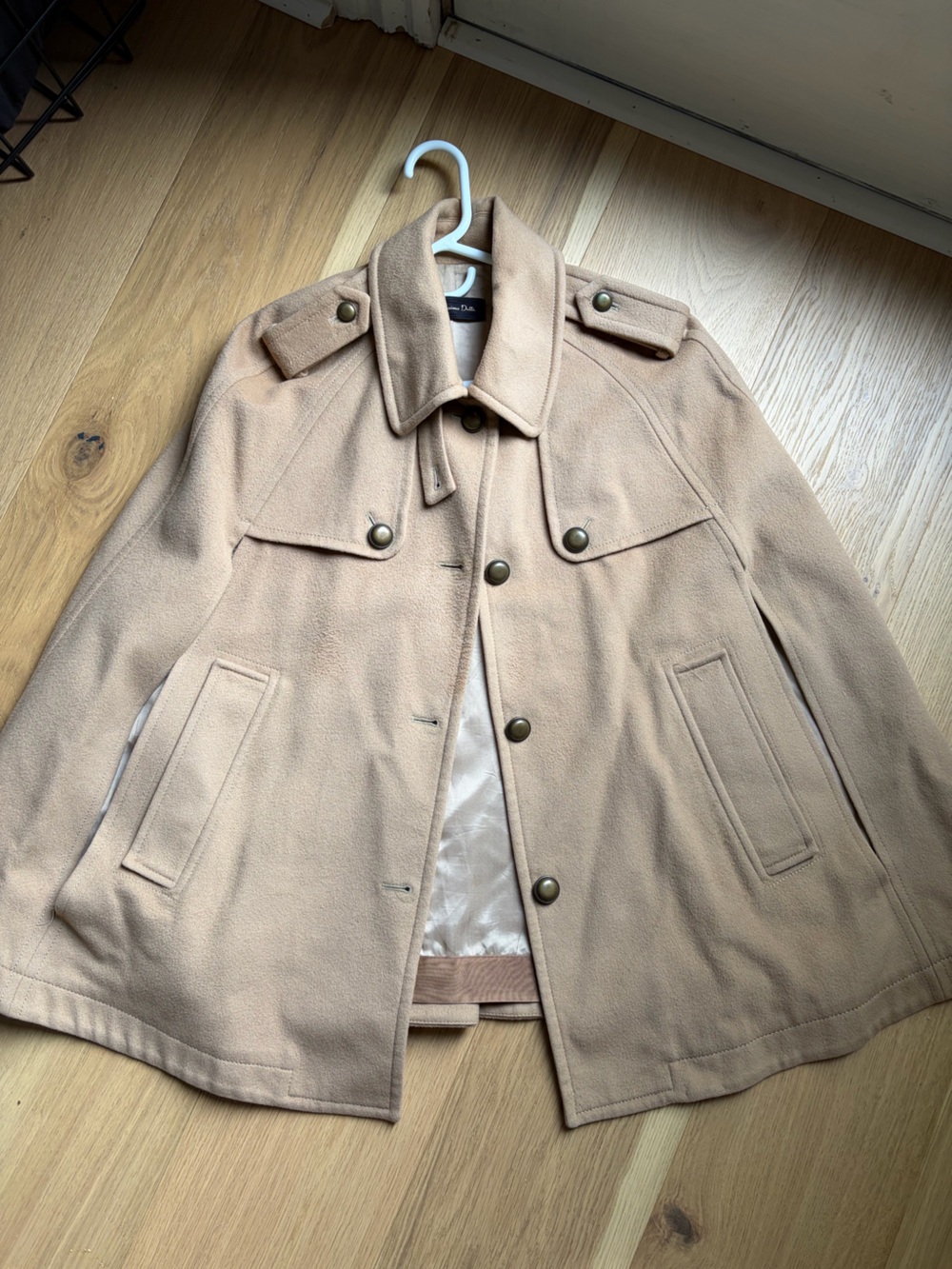 Massimo Dutti Camel-Tan Wool Blend Military-Style Cape Coat